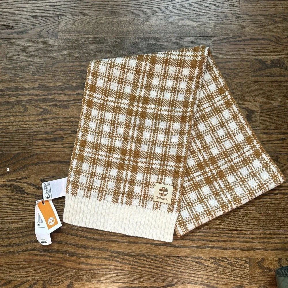 Timberland Scarf Wheat Plaid Brown Knit Winter Rectangle Logo T101808 NEW